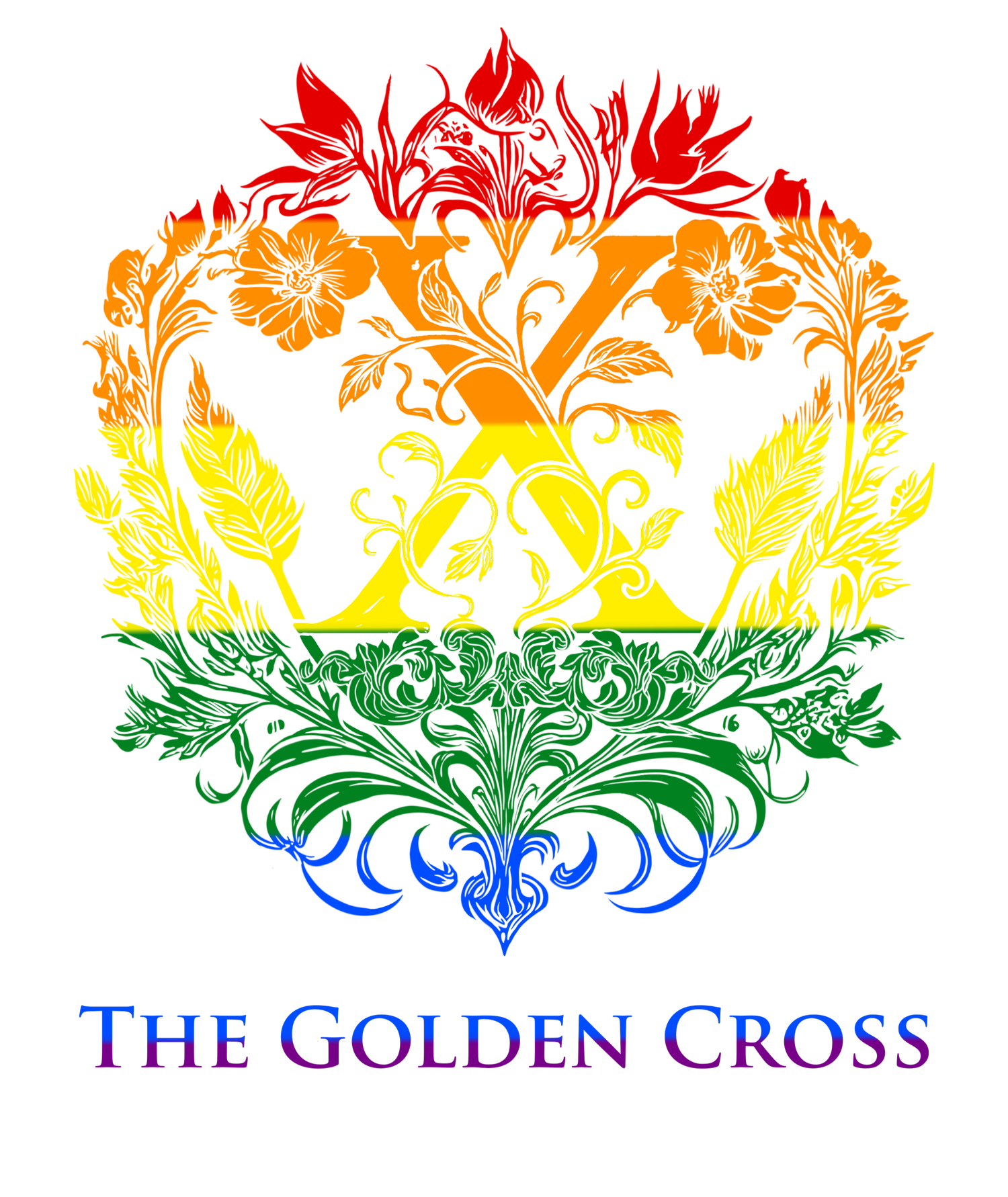Ornate floral X with rainbow gradient, The Golden Cross logo